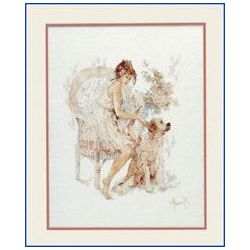 Borduurpakket Meisje in stoel met hond Lanarte 0007951