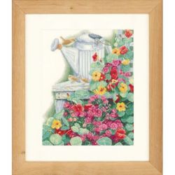 Borduurpakket Stilleven tuin gieter vogels en bloemen Lanarte PN-0021831