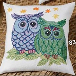 Borduurpakket Kussen Owls Blue-Green PERMIN 83-3351