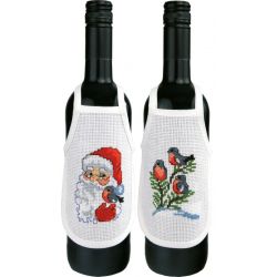 Borduurpakket flessenschort kerstman en goudvink-set van 3 PERMIN 78-9592