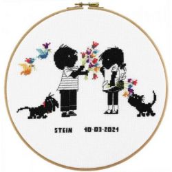 Borduurpakket Geboortetegel Jip en Janneke bloemen PAKO 270.018