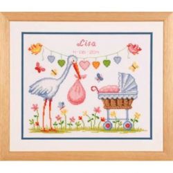 Borduurpakket Geboortetegel ooievaar en wieg 2002-70333 Vervaco PN-0011902