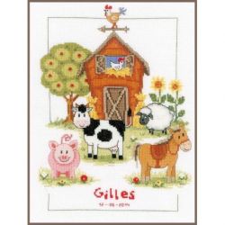 Borduurpakket Geboortetegel Op de boerderij aida Vervaco PN-0148149