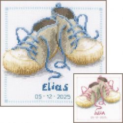 Borduurpakket geboortetegel Schoentjes met roze-blauwe veters Vervaco PN-0143736