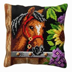 Borduurpakket Kussen paard en bloemen Orchidea 9525