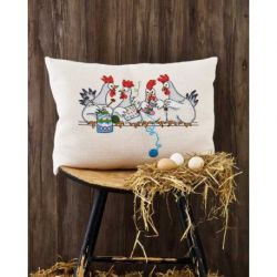 Borduurpakket kussen breiende kippen Permin 83-2166