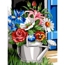 Voorbedrukt stramien gieter met bloemen Margot 133-3591