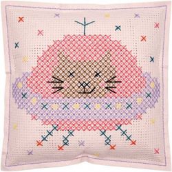 Geborduurd vilten kussen kat in de ruimte 42x42cm