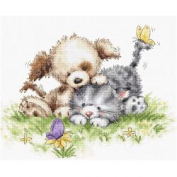 Borduurpakket Dog and Cat with Butterfly Luca-S-B1185